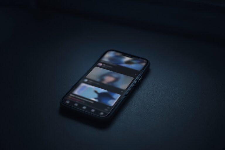 Telemóvel sobre uma mesa escura, com o ecrã a brilhar num feed desfocada.