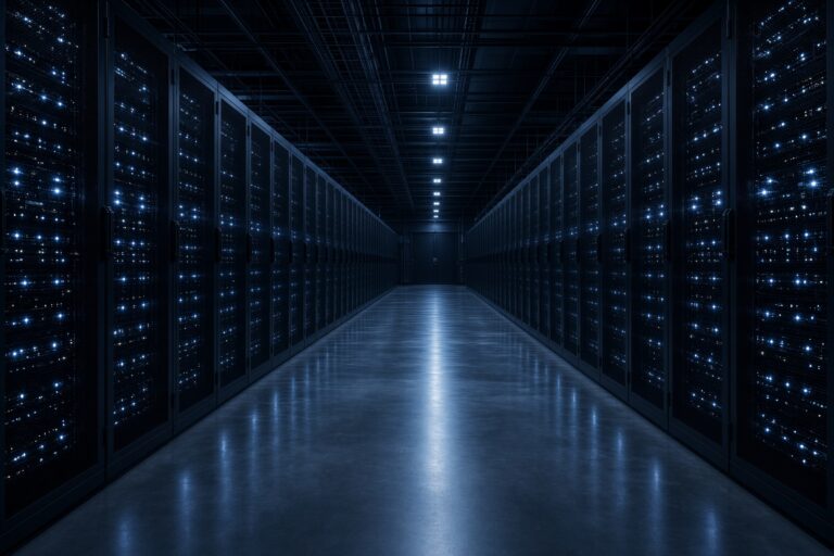 Corredor de um centro de dados, com filas de racks e luzes frias.
