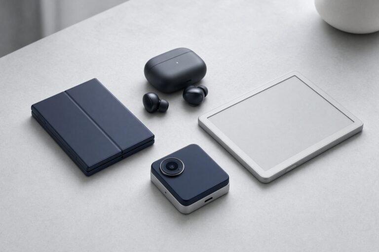 Natureza-morta de telemóvel dobrável, auriculares e um tablet de tinta electrónica.