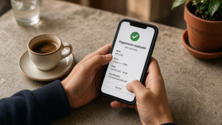 Mãos com telemóvel a confirmar um pagamento instantâneo.