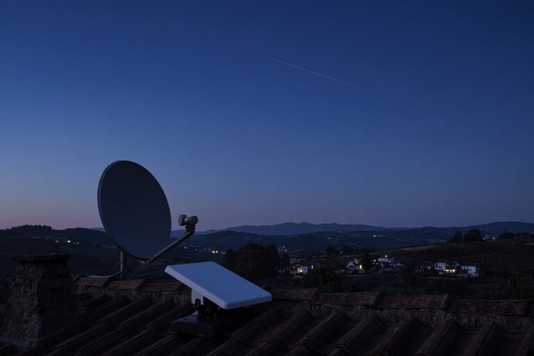Antena e terminal de satélite num telhado rural ao anoitecer, com o céu limpo.